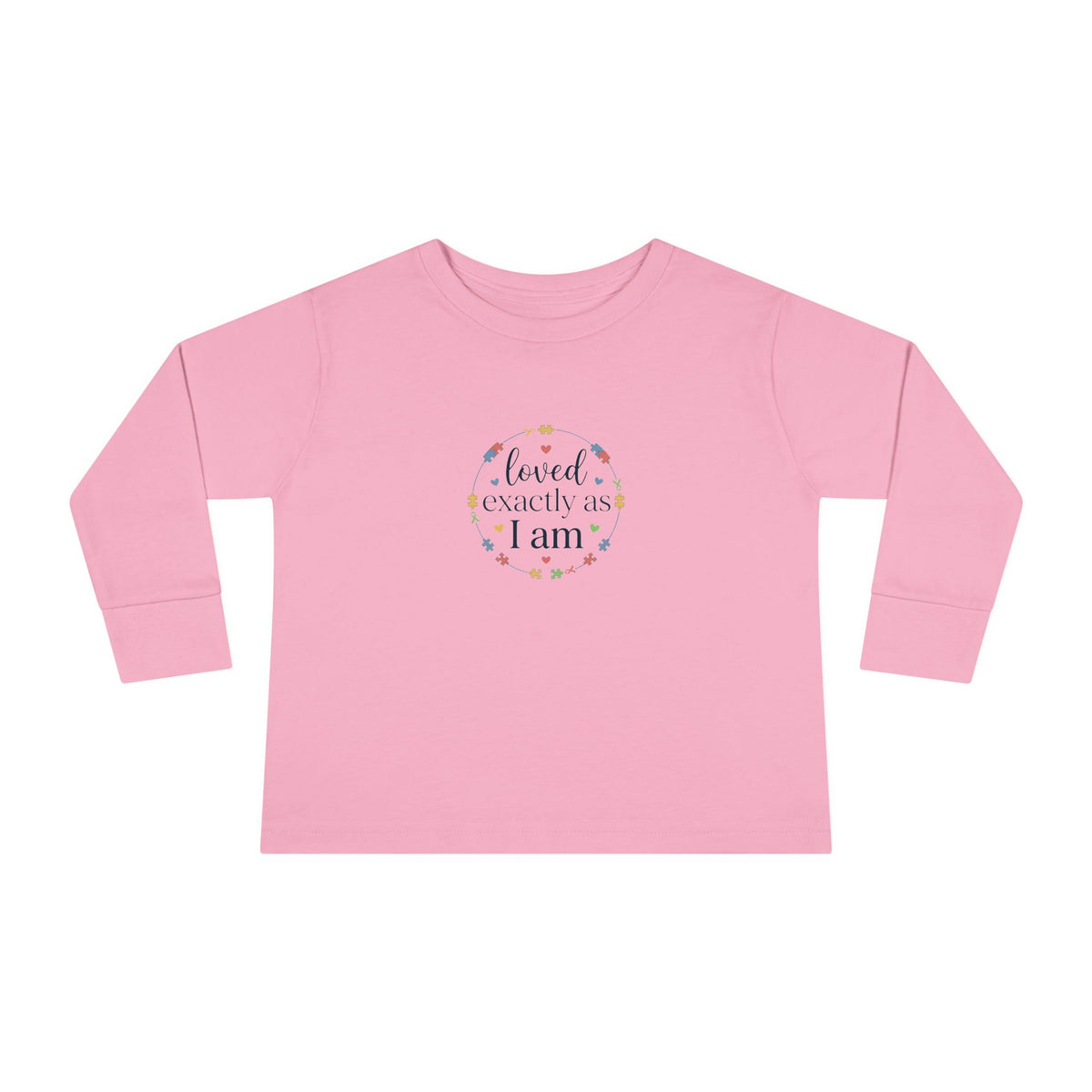 "Loved Exactly As I Am" Toddler Long Sleeve Tee — Puzzle Heart Wreath | Uplifted By Design™ Autism Acceptance & Sensory Pride Shirt