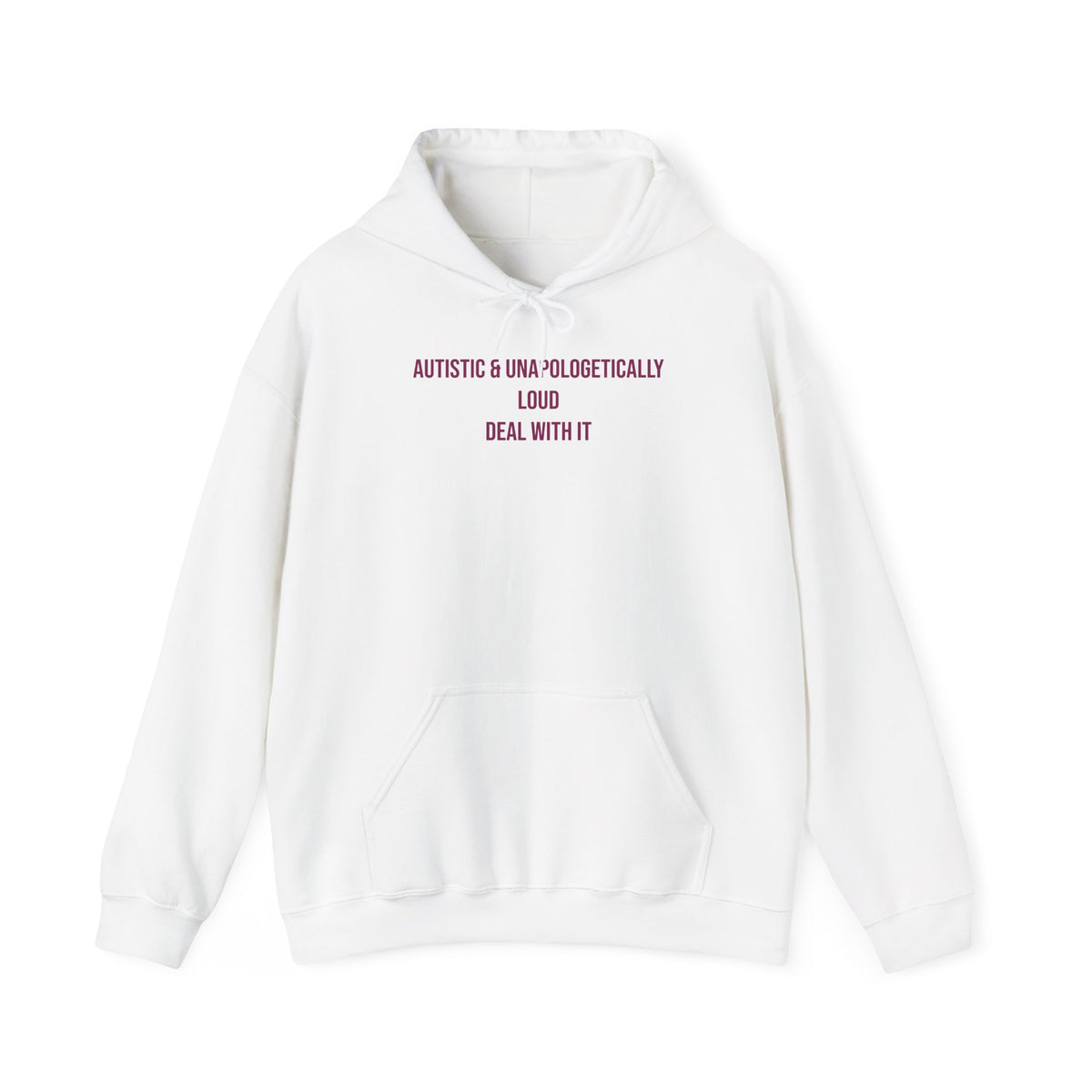 "Autistic & Unapologetically Loud — Deal With It" Unisex Hoodie — Stacked Plum Lettering | Uplifted By Design™ Autism Acceptance & Sensory Pride Hoodie
