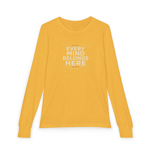 "Every Mind Belongs Here" Youth Long Sleeve Tee — Minimal Stacked Type | Uplifted By Design™ Autism Acceptance & Neurodiversity Shirt