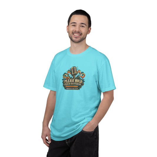 "Please Hold: Speech Buffering" Illustrated Edition Unisex T-Shirt — Vintage Microphone & Progress Meter | Uplifted By Design™ Cerebral Palsy & Speech Difference Tee
