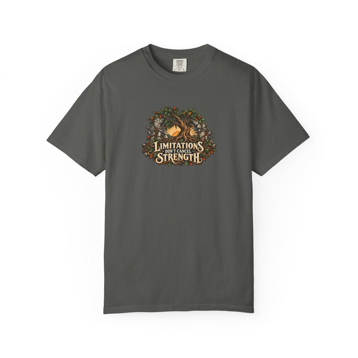 "Limitations Don't Cancel Strength" Illustrated Edition Unisex T-Shirt — Resilient Tree & Broken-Arch Graphic | Uplifted By Design™ Cerebral Palsy & Adaptive Movement Tee
