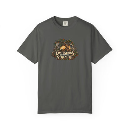 "Limitations Don't Cancel Strength" Illustrated Edition Unisex T-Shirt — Resilient Tree & Broken-Arch Graphic | Uplifted By Design™ Cerebral Palsy & Adaptive Movement Tee