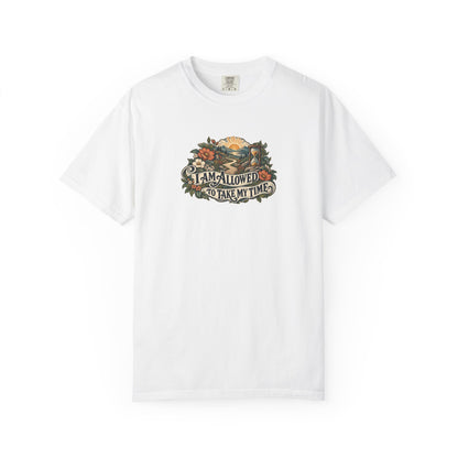 "I Am Allowed to Take My Time" Illustrated Edition Unisex T-Shirt — Vintage Garden Path & Hourglass | Uplifted By Design™ Mental Health & Emotional Wellbeing Tee