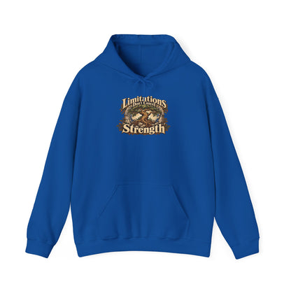 "Limitations Don’t Cancel Strength" Unisex Hoodie — Resilient Tree & Broken-Arch Graphic | Uplifted By Design™ Cerebral Palsy & Adaptive Movement Hoodie