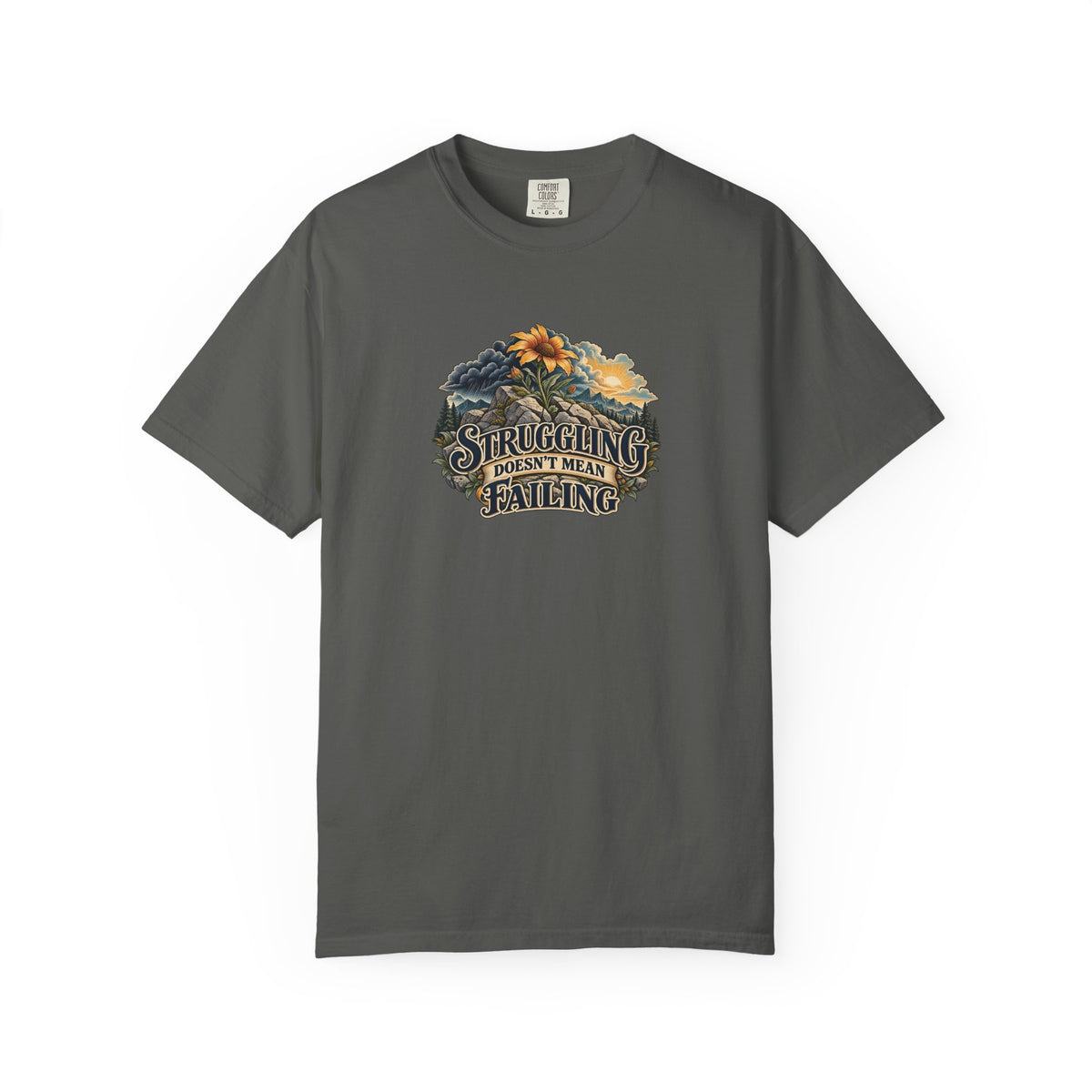 "Struggling Doesn't Mean Failing" Illustrated Edition Unisex T-Shirt — Vintage Wildflower & Clearing-Storm Illustration | Uplifted By Design™ Mental Health & Emotional Wellbeing Tee