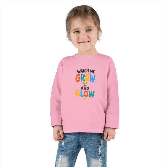 "Watch Me Grow and Glow" Toddler Long Sleeve Tee — Rainbow Sprout Lettering | Uplifted By Design™ Inspirational Kids Shirt