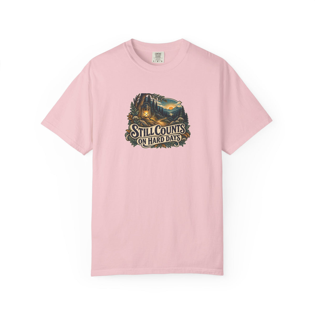 "Still Counts on Hard Days" Illustrated Edition Unisex T-Shirt — Vintage Lantern & Winding Forest Path | Uplifted By Design™ Mental Health & Emotional Wellbeing Tee