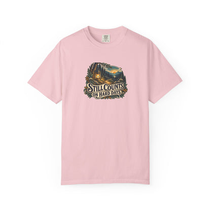 "Still Counts on Hard Days" Illustrated Edition Unisex T-Shirt — Vintage Lantern & Winding Forest Path | Uplifted By Design™ Mental Health & Emotional Wellbeing Tee