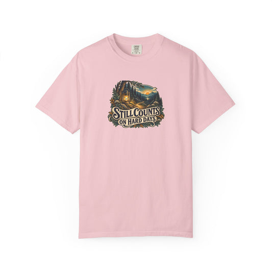 "Still Counts on Hard Days" Illustrated Edition Unisex T-Shirt — Vintage Lantern & Winding Forest Path | Uplifted By Design™ Mental Health & Emotional Wellbeing Tee