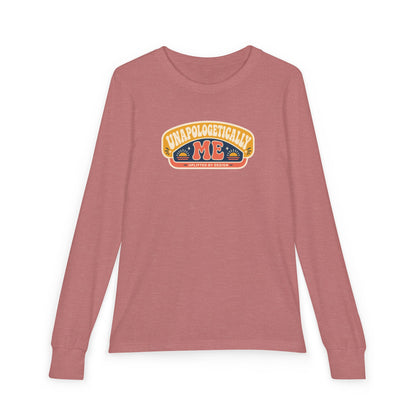 "Unapologetically Me" Youth Long Sleeve Tee — Retro Banner Crest | Uplifted By Design™ Autism Acceptance & Sensory Pride Shirt