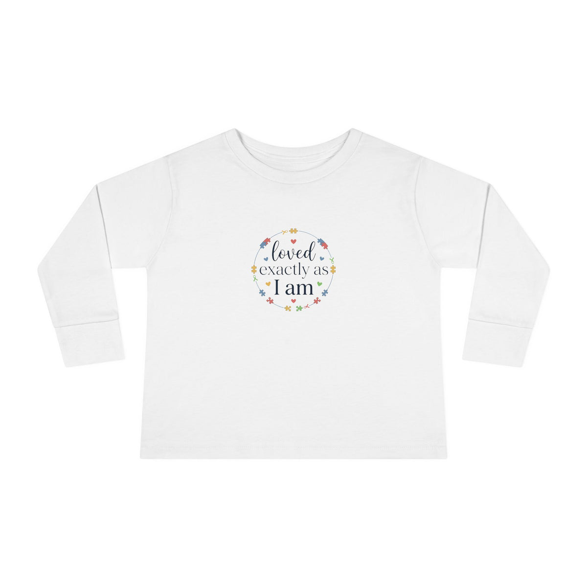 "Loved Exactly As I Am" Toddler Long Sleeve Tee — Puzzle Heart Wreath | Uplifted By Design™ Autism Acceptance & Sensory Pride Shirt