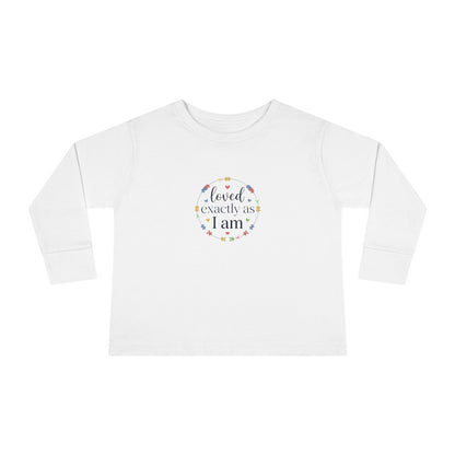 "Loved Exactly As I Am" Toddler Long Sleeve Tee — Puzzle Heart Wreath | Uplifted By Design™ Autism Acceptance & Sensory Pride Shirt
