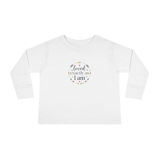 "Loved Exactly As I Am" Toddler Long Sleeve Tee — Puzzle Heart Wreath | Uplifted By Design™ Autism Acceptance & Sensory Pride Shirt