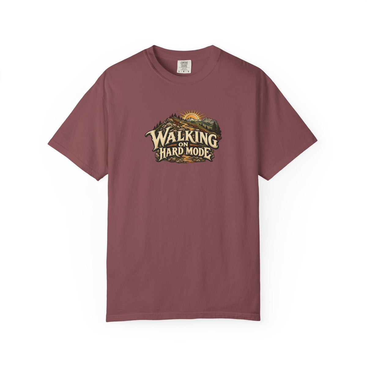 "Walking on Hard Mode" Illustrated Edition Unisex T-Shirt — Vintage Trail & Sunrise Graphic | Uplifted By Design™ Cerebral Palsy & Adaptive Movement Tee