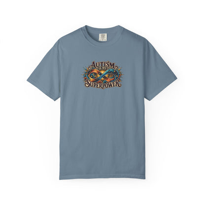 "Autism Is My Superpower" Illustrated Edition Unisex T-Shirt — Radiant Infinity & Starburst Graphic | Uplifted By Design™ Autism Acceptance & Neurodiversity Tee