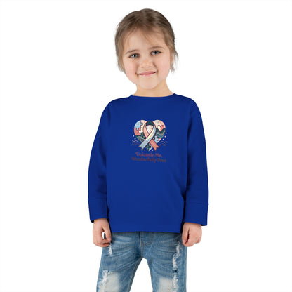 "Uniquely Me, Wonderfully Free" Toddler Long Sleeve Tee — Puzzle Heart Ribbon | Uplifted By Design™ Autism Acceptance & Sensory Pride Shirt