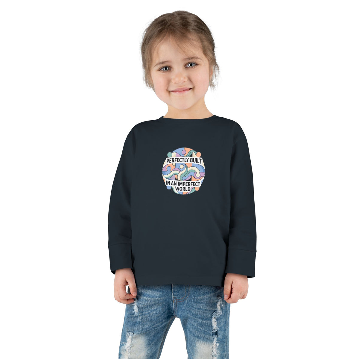 "Perfectly Built in an Imperfect World" Toddler Long Sleeve Tee — Neurodiversity Pride Shirt | Uplifted By Design™