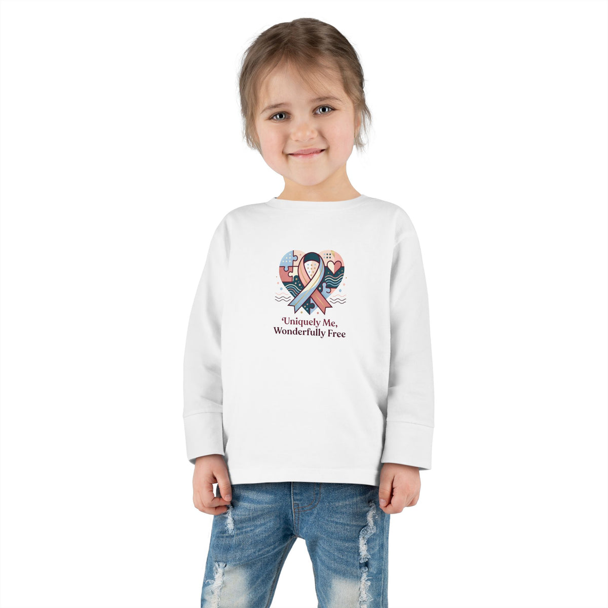 "Uniquely Me, Wonderfully Free" Toddler Long Sleeve Tee — Puzzle Heart Ribbon | Uplifted By Design™ Autism Acceptance & Sensory Pride Shirt
