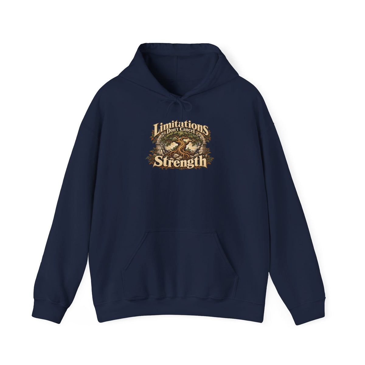"Limitations Don’t Cancel Strength" Unisex Hoodie — Resilient Tree & Broken-Arch Graphic | Uplifted By Design™ Cerebral Palsy & Adaptive Movement Hoodie