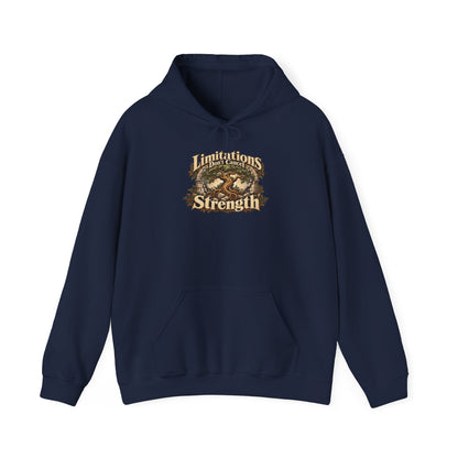 "Limitations Don’t Cancel Strength" Unisex Hoodie — Resilient Tree & Broken-Arch Graphic | Uplifted By Design™ Cerebral Palsy & Adaptive Movement Hoodie