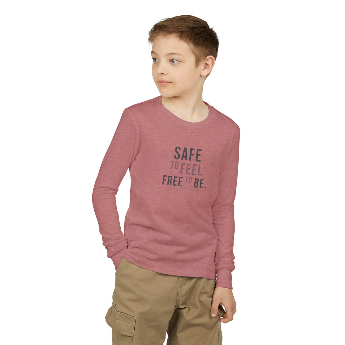 "Safe to Feel, Free to Be" Youth Long Sleeve Tee — Minimal Stacked Type | Uplifted By Design™ Autism Acceptance & Sensory Pride Shirt