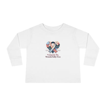 "Uniquely Me, Wonderfully Free" Toddler Long Sleeve Tee — Puzzle Heart Ribbon | Uplifted By Design™ Autism Acceptance & Sensory Pride Shirt