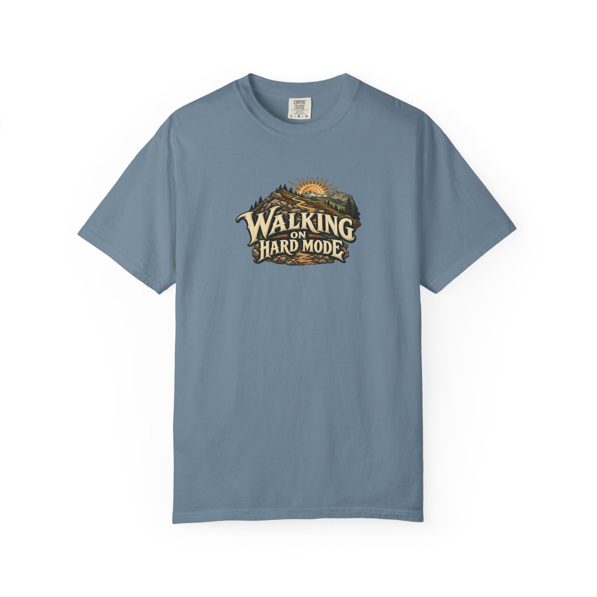 "Walking on Hard Mode" Illustrated Edition Unisex T-Shirt — Vintage Trail & Sunrise Graphic | Uplifted By Design™ Cerebral Palsy & Adaptive Movement Tee