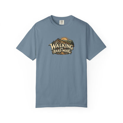 "Walking on Hard Mode" Illustrated Edition Unisex T-Shirt — Vintage Trail & Sunrise Graphic | Uplifted By Design™ Cerebral Palsy & Adaptive Movement Tee