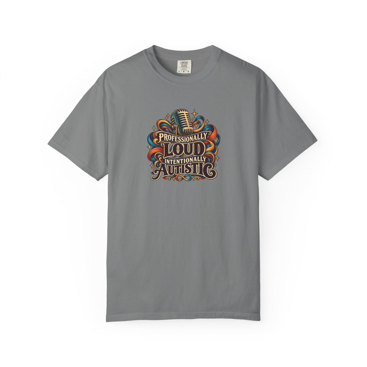 "Professionally Loud Intentionally Autistic" Illustrated Edition Unisex T-Shirt — Vintage Microphone & Sound Ribbons | Uplifted By Design™ Autism Acceptance & Sensory Pride Tee