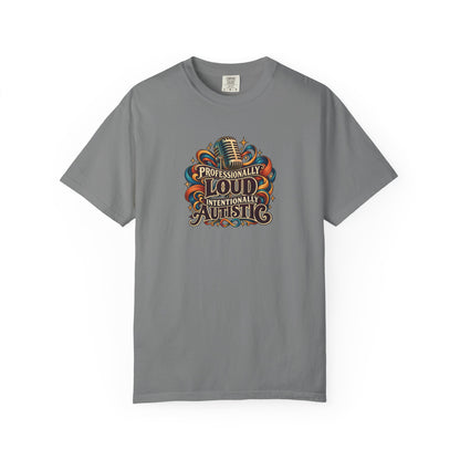 "Professionally Loud Intentionally Autistic" Illustrated Edition Unisex T-Shirt — Vintage Microphone & Sound Ribbons | Uplifted By Design™ Autism Acceptance & Sensory Pride Tee