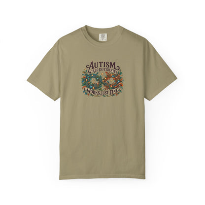 "Wired Differently Works Just Fine" Illustrated Edition Unisex T-Shirt — Botanical Circuit Infinity Graphic | Uplifted By Design™ Autism Acceptance & Neurodiversity Tee