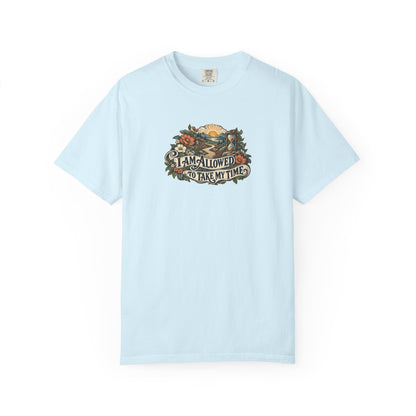 "I Am Allowed to Take My Time" Illustrated Edition Unisex T-Shirt — Vintage Garden Path & Hourglass | Uplifted By Design™ Mental Health & Emotional Wellbeing Tee