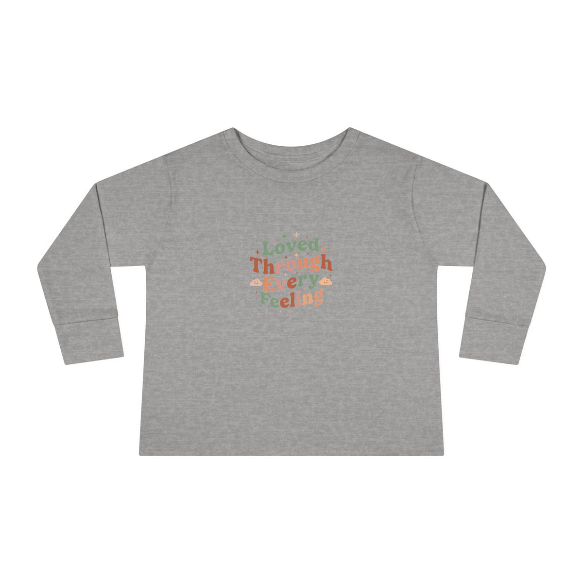 "Loved Through Every Feeling" Toddler Long Sleeve Tee — Groovy Sparkle Lettering | Uplifted By Design™ Inspirational Kids Shirt