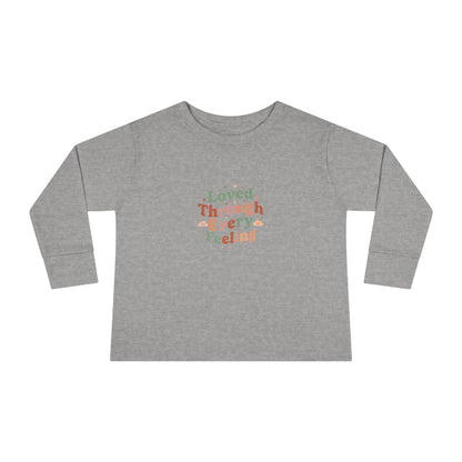 "Loved Through Every Feeling" Toddler Long Sleeve Tee — Groovy Sparkle Lettering | Uplifted By Design™ Inspirational Kids Shirt