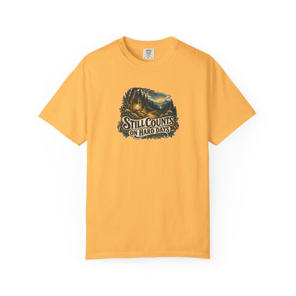 "Still Counts on Hard Days" Illustrated Edition Unisex T-Shirt — Vintage Lantern & Winding Forest Path | Uplifted By Design™ Mental Health & Emotional Wellbeing Tee