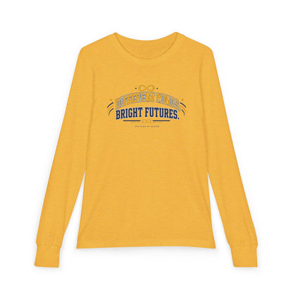 "Different Minds, Bright Futures" Youth Long Sleeve Tee — Collegiate Varsity Arch | Uplifted By Design™ Autism Acceptance & Sensory Pride Shirt