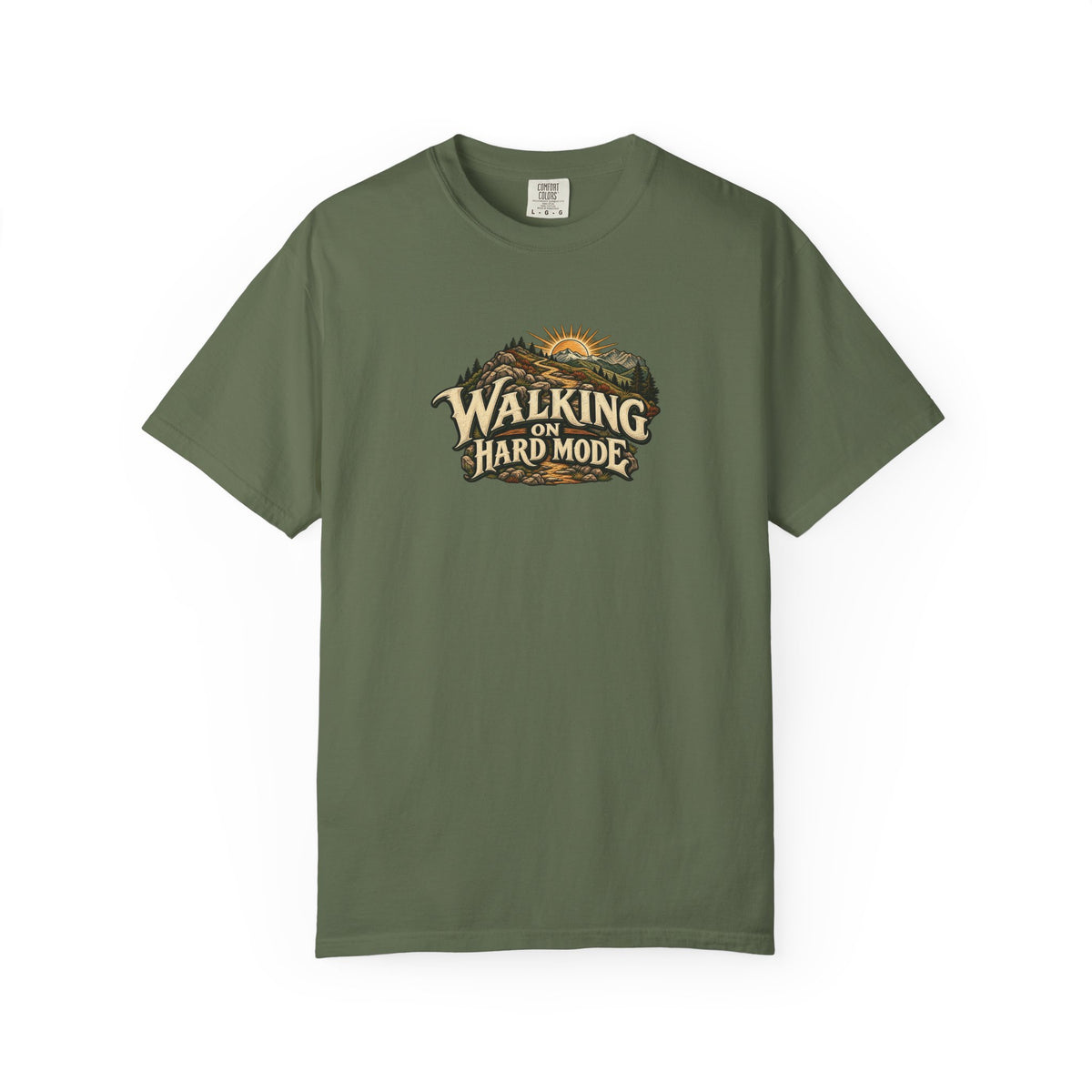 "Walking on Hard Mode" Illustrated Edition Unisex T-Shirt — Vintage Trail & Sunrise Graphic | Uplifted By Design™ Cerebral Palsy & Adaptive Movement Tee