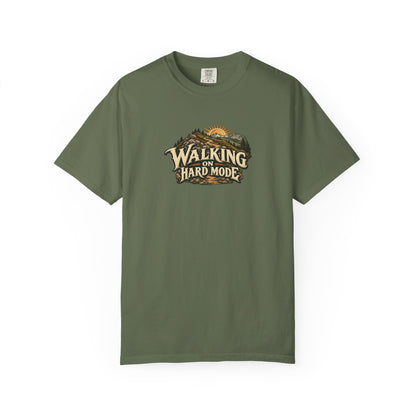 "Walking on Hard Mode" Illustrated Edition Unisex T-Shirt — Vintage Trail & Sunrise Graphic | Uplifted By Design™ Cerebral Palsy & Adaptive Movement Tee
