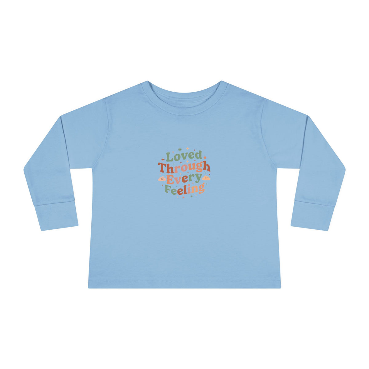 "Loved Through Every Feeling" Toddler Long Sleeve Tee — Groovy Sparkle Lettering | Uplifted By Design™ Inspirational Kids Shirt