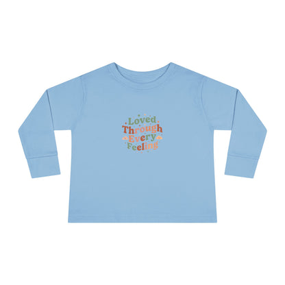 "Loved Through Every Feeling" Toddler Long Sleeve Tee — Groovy Sparkle Lettering | Uplifted By Design™ Inspirational Kids Shirt