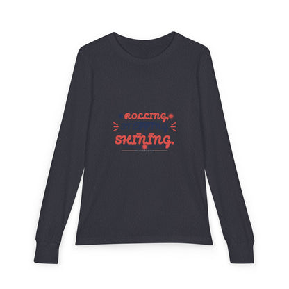 "Rolling, Stepping, Shining" Youth Long Sleeve Tee — Hand-Lettered Lockup | Uplifted By Design™ Cerebral Palsy & Disability Pride Shirt
