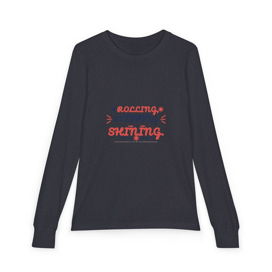 "Rolling, Stepping, Shining" Youth Long Sleeve Tee — Hand-Lettered Lockup | Uplifted By Design™ Cerebral Palsy & Disability Pride Shirt