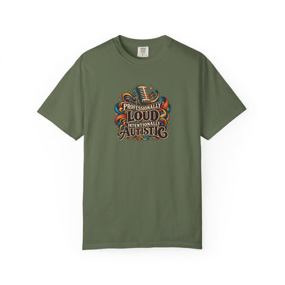 "Professionally Loud Intentionally Autistic" Illustrated Edition Unisex T-Shirt — Vintage Microphone & Sound Ribbons | Uplifted By Design™ Autism Acceptance & Sensory Pride Tee