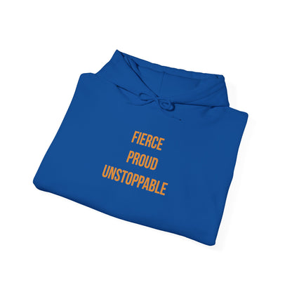 "Fierce, Proud, Unstoppable" Unisex Hoodie — Stacked Gold Lettering | Uplifted By Design™ Cerebral Palsy & Adaptive Movement Hoodie