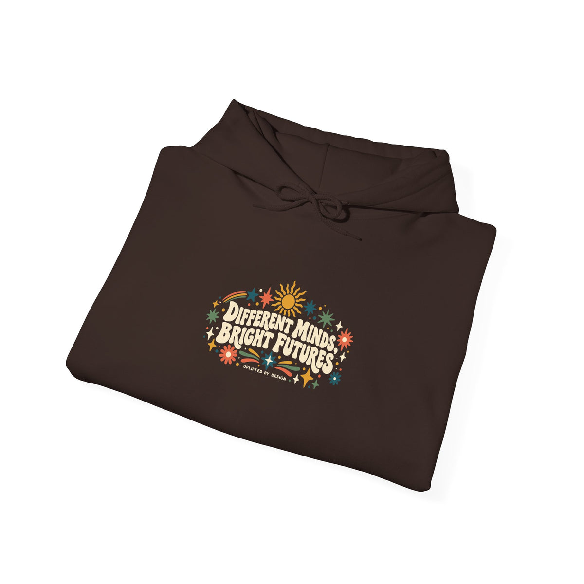 "Different Minds, Bright Futures" Unisex Hoodie — Colorful Star Graphic | Uplifted By Design™ Autism Acceptance & Sensory Pride Hoodie