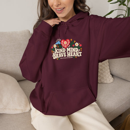"Kind Mind, Brave Heart" Unisex Hoodie — Floral Heart Graphic | Uplifted By Design™ Mental Health & Emotional Wellbeing Hoodie