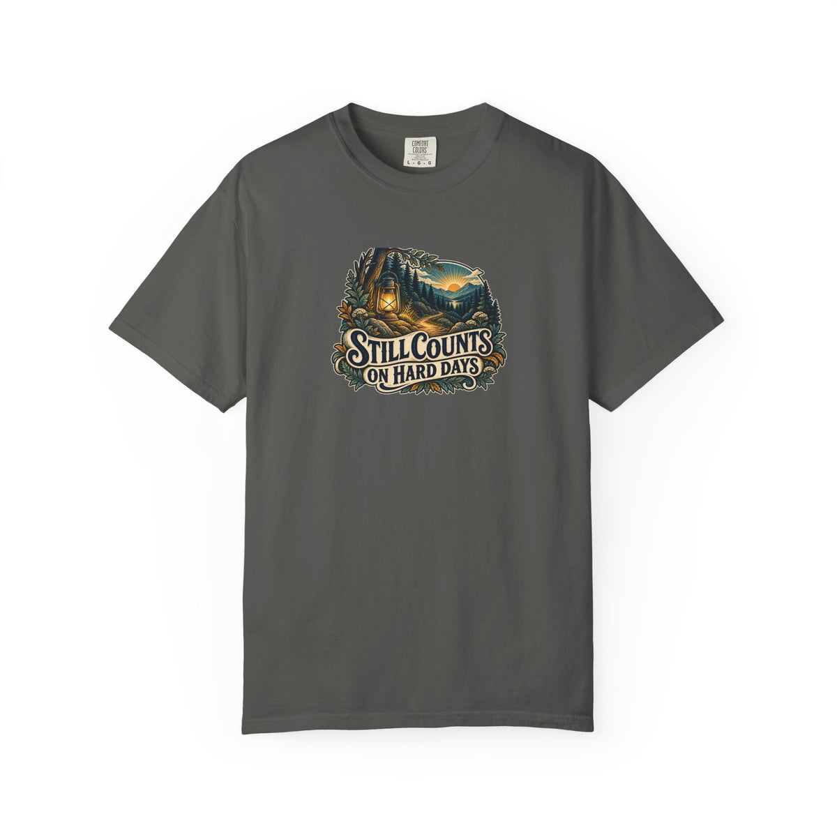 "Still Counts on Hard Days" Illustrated Edition Unisex T-Shirt — Vintage Lantern & Winding Forest Path | Uplifted By Design™ Mental Health & Emotional Wellbeing Tee