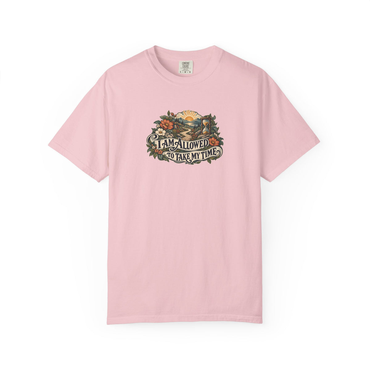 "I Am Allowed to Take My Time" Illustrated Edition Unisex T-Shirt — Vintage Garden Path & Hourglass | Uplifted By Design™ Mental Health & Emotional Wellbeing Tee