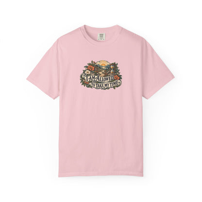 "I Am Allowed to Take My Time" Illustrated Edition Unisex T-Shirt — Vintage Garden Path & Hourglass | Uplifted By Design™ Mental Health & Emotional Wellbeing Tee