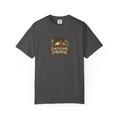 "Limitations Don't Cancel Strength" Illustrated Edition Unisex T-Shirt — Resilient Tree & Broken-Arch Graphic | Uplifted By Design™ Cerebral Palsy & Adaptive Movement Tee
